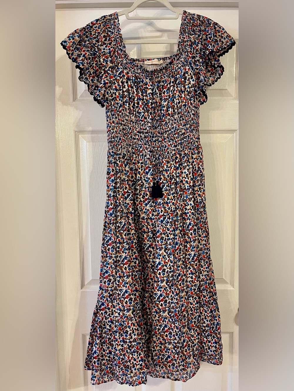 Tory Burch Smocked Waist Multicolor Floral Midi Dress Size M
